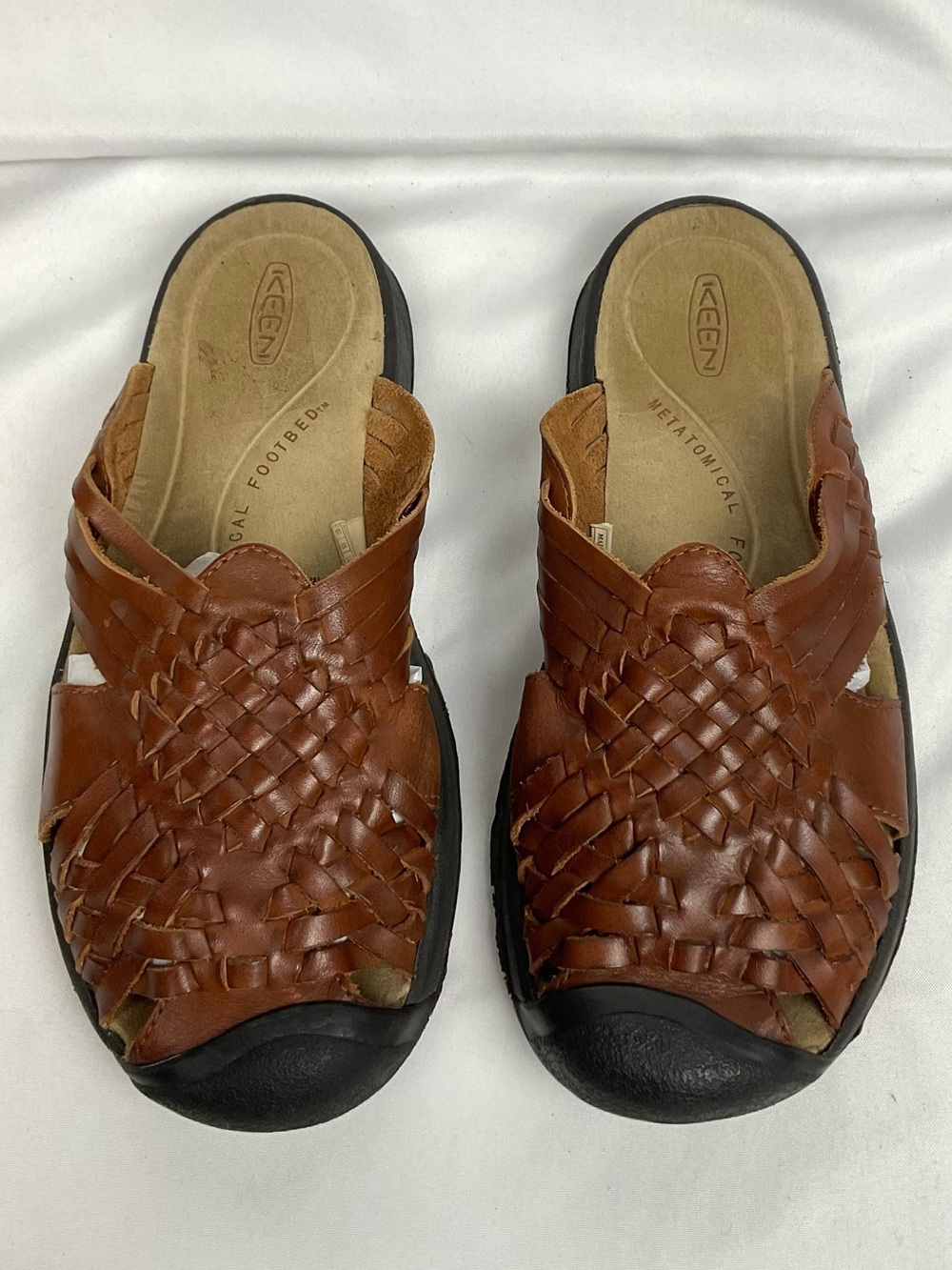 KEEN Isabella Huarache Slide Sandals Sz 9.5 Brown Leather Woven Mules